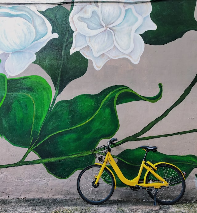 A yellow bike leans against a floral mural after a long tension ride